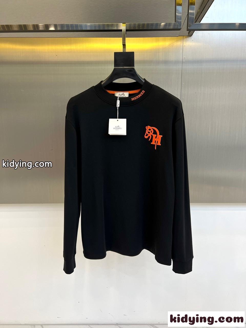 シンプル 洗練された ロゴ 長袖Tシャツ エルメス Tシャツ 偽物 合わせやすい ブラック-0
