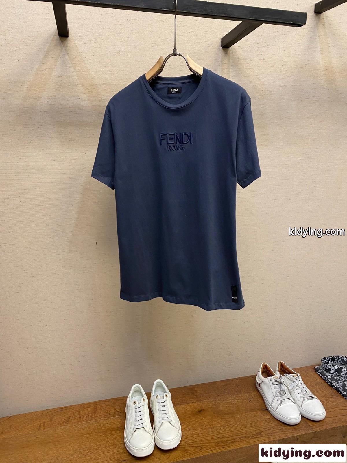 シンプル ロゴ刺繍 フェンディ Tシャツ コピー コットン クルーネック ネイビー-0