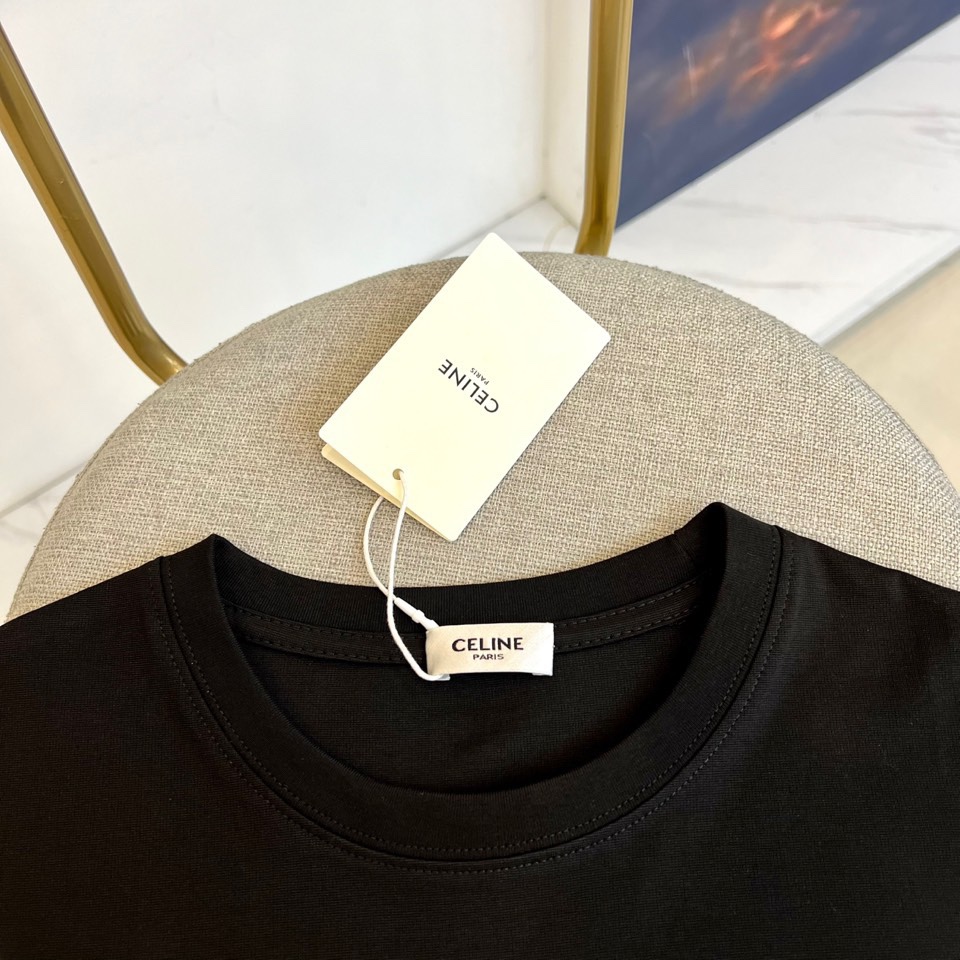 シンプル 上品 ロゴ入り クルーネック セリーヌ Tシャツ 偽物 コットン ブラック-3
