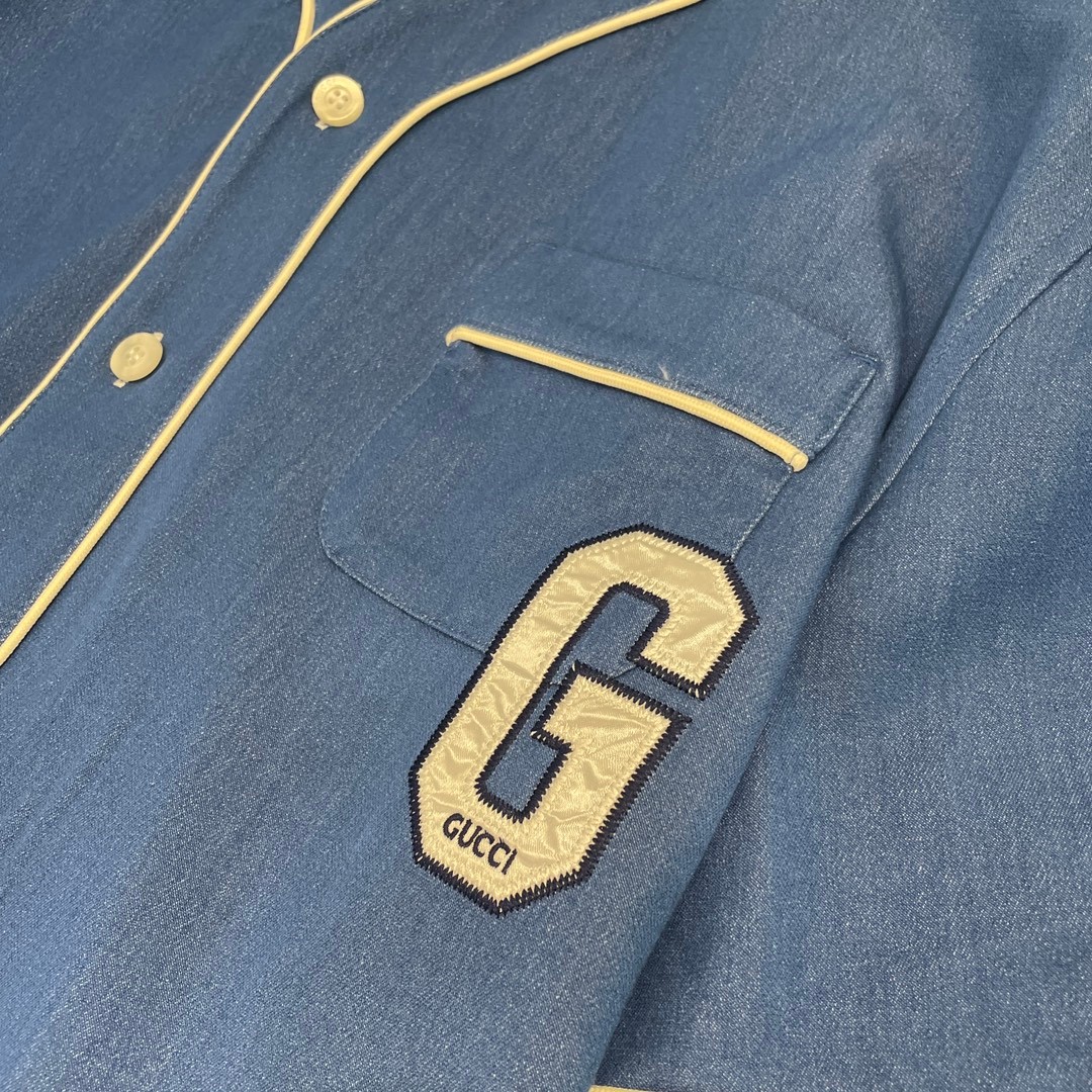 カジュアル 上品 Vネック G パッチ デニム シャツ グッチ シャツ コピー ユニセックス-2
