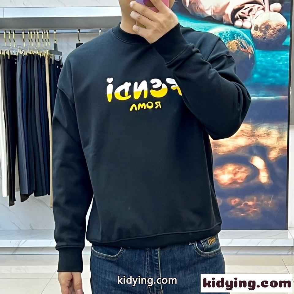 カジュアル フェンディ Tシャツ コピー ロゴ入り クルーネック スウェットシャツ ブラック-0