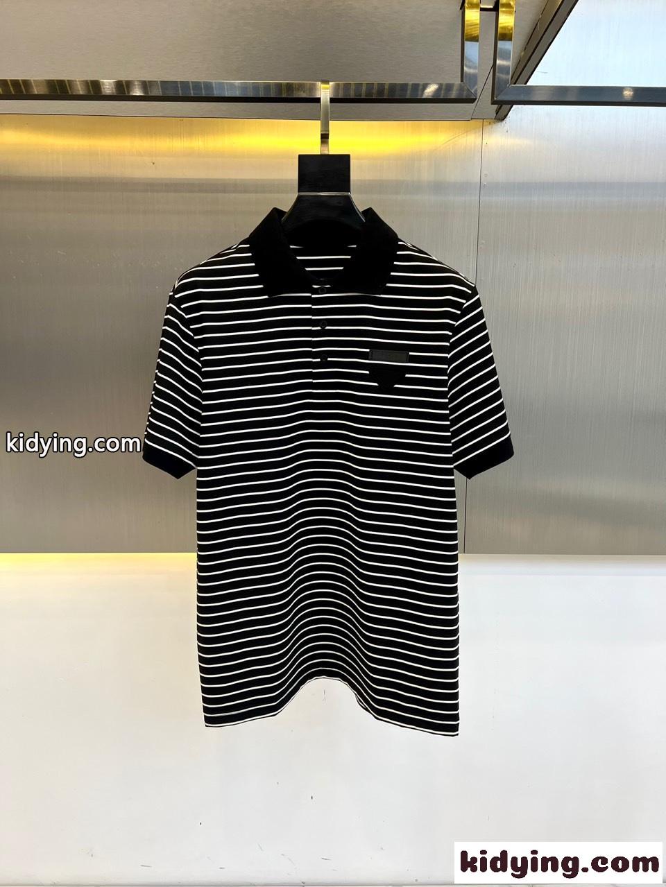 カジュアル ボーダー柄 半袖 ポロシャツ プラダ Tシャツ コピー コットンピケ ブラック-1