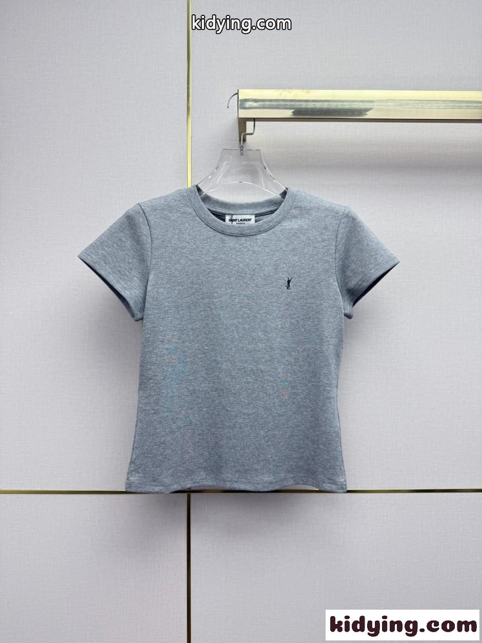 シンプル YSLロゴ 半袖Tシャツ イヴ・サンローラン Tシャツ コピー グレー-0
