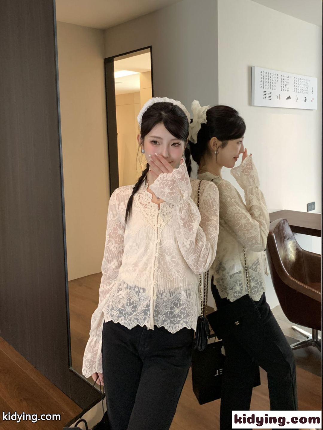 可愛い おしゃれ Vネック レースブラウス ヴァレンティノ シャツ コピー ベージュ-3