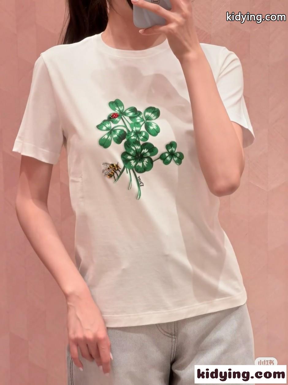 プリント入り コットン 半袖Tシャツ クリスチャン・ディオール Tシャツ コピー ホワイト-4