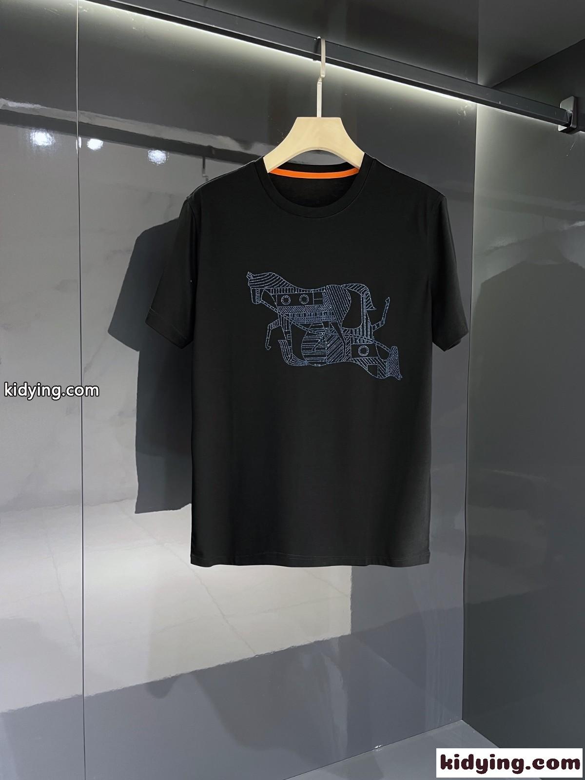 カジュアル 薄手 ラインストーン クルーネック エルメス 半袖tシャツ コピー シルケット コットン トップス-2