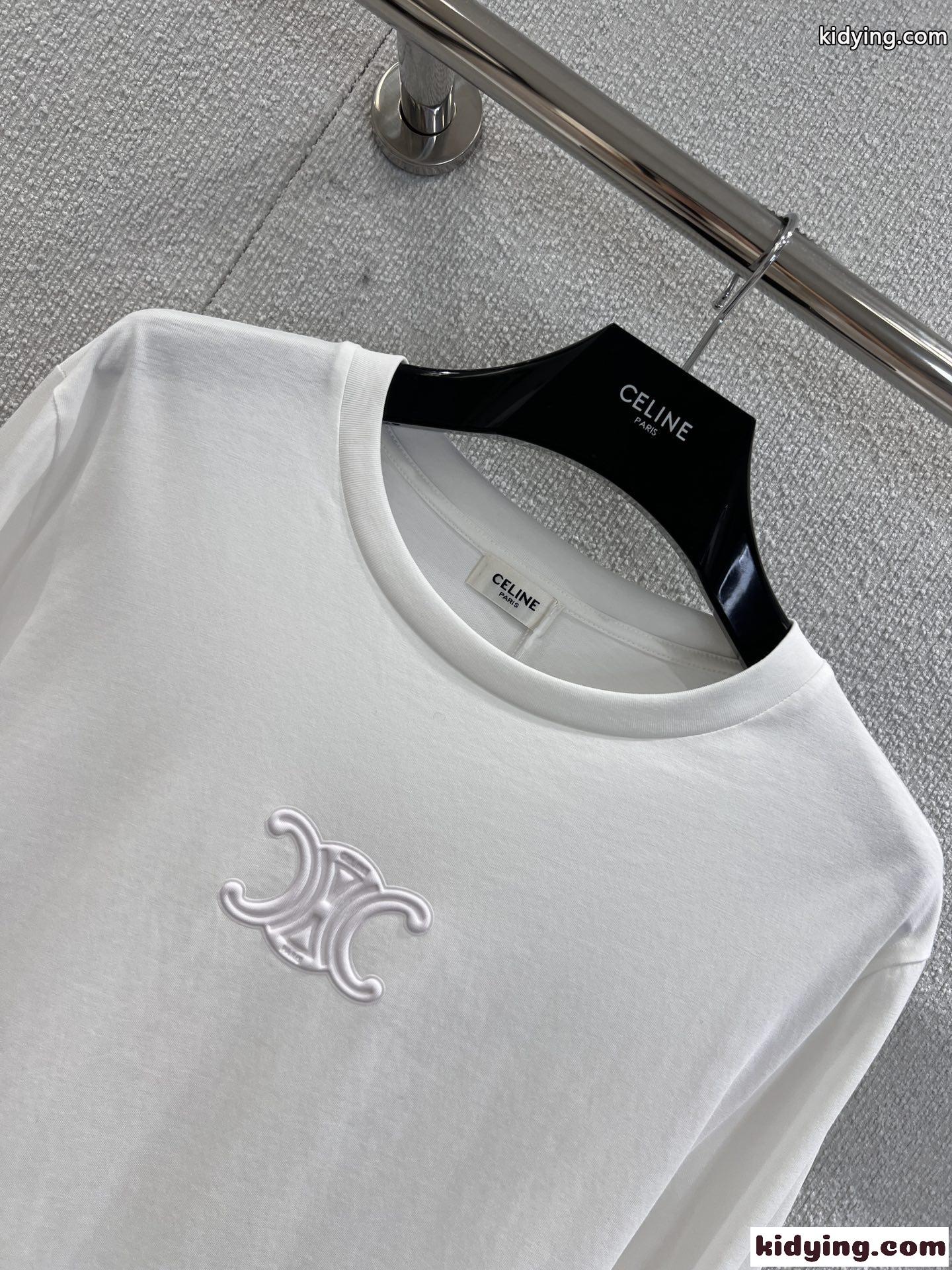 シンプル コットン 長袖Tシャツ セリーヌ Tシャツ コピー クルーネック ホワイト-2