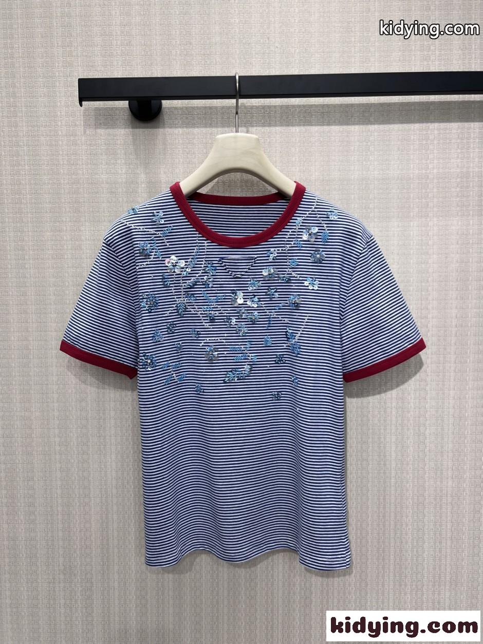 スパンコール刺繍 ボーダーストライプ 半袖Tシャツ プラダ Tシャツ 偽物-2