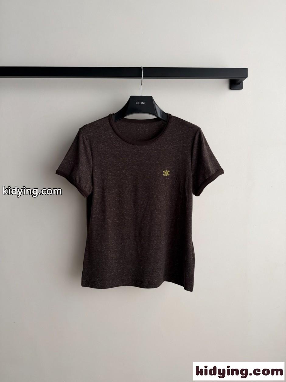 コットンリネン 半袖Tシャツ セリーヌ Tシャツ コピー ダークブラウン-0