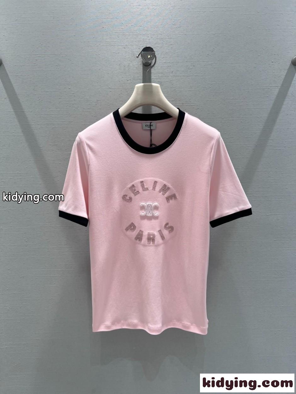 カジュアル おしゃれ コットン 半袖Tシャツ セリーヌ Tシャツ 偽物 ピンク-0