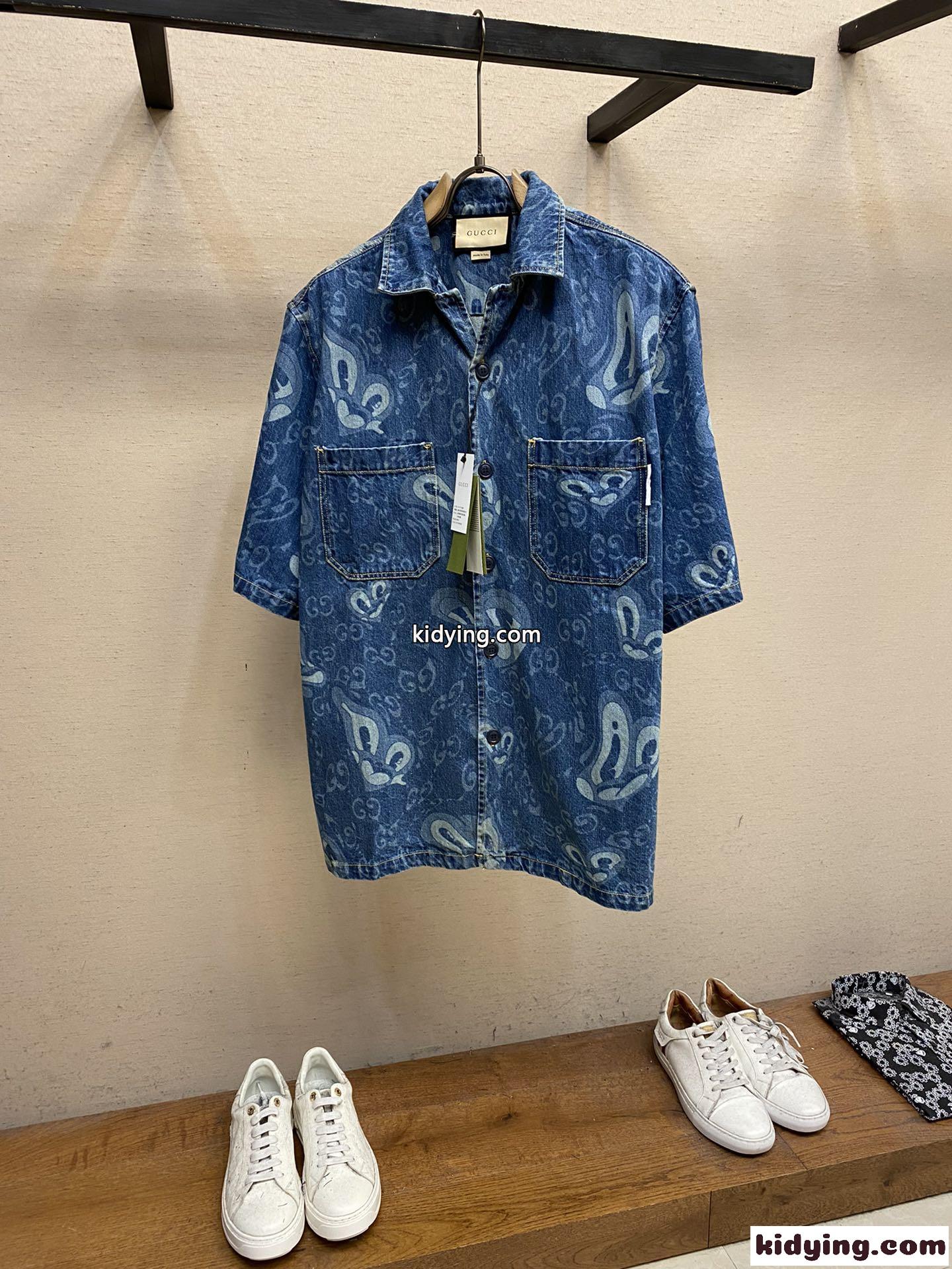 GGリキッドハーツプリント デニムシャツ グッチ シャツ コピー メンズ-0
