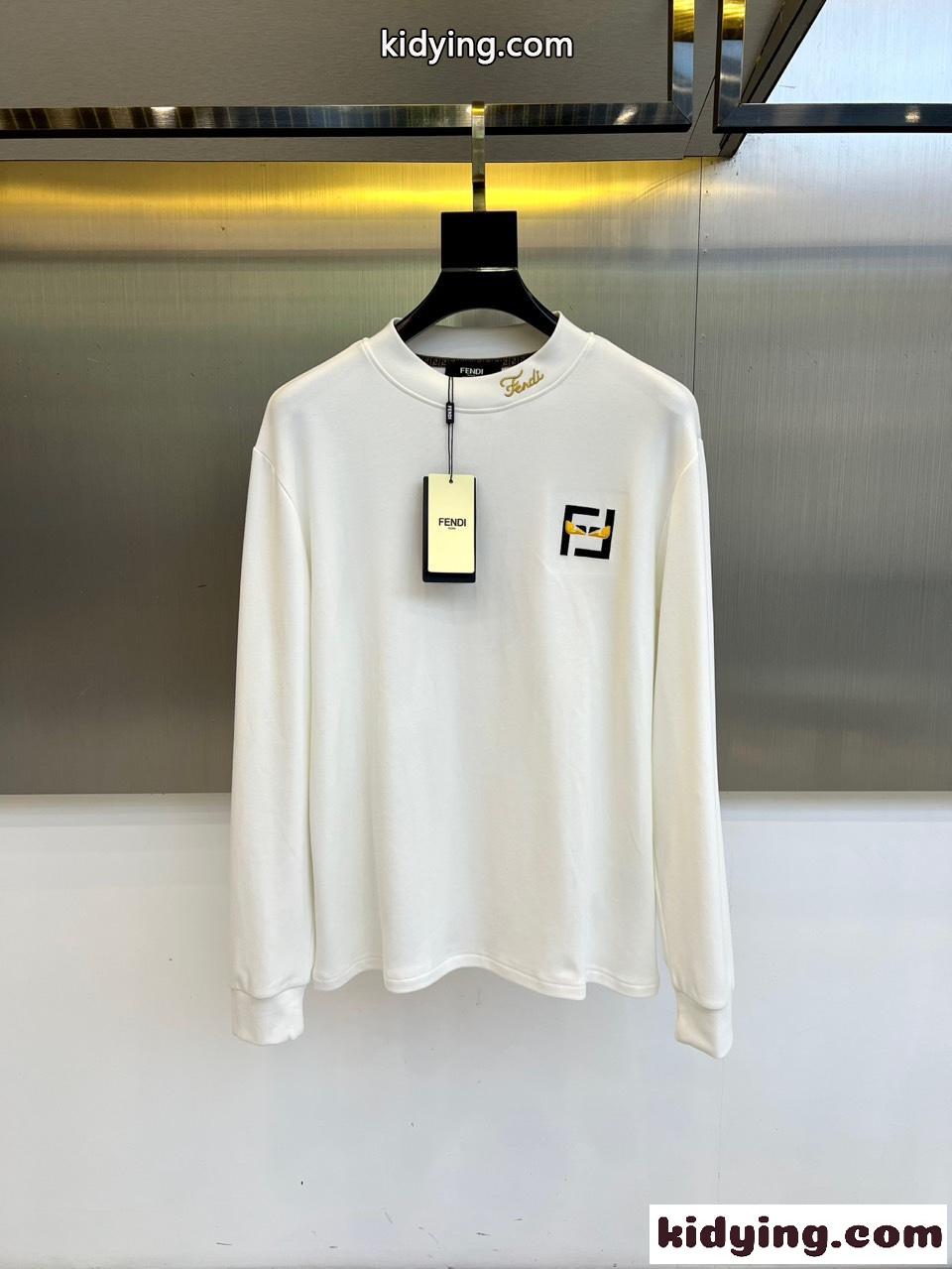 シンプル ロゴ刺繍 コットン 長袖Tシャツ フェンディ Tシャツ 偽物 トップス ホワイト-0