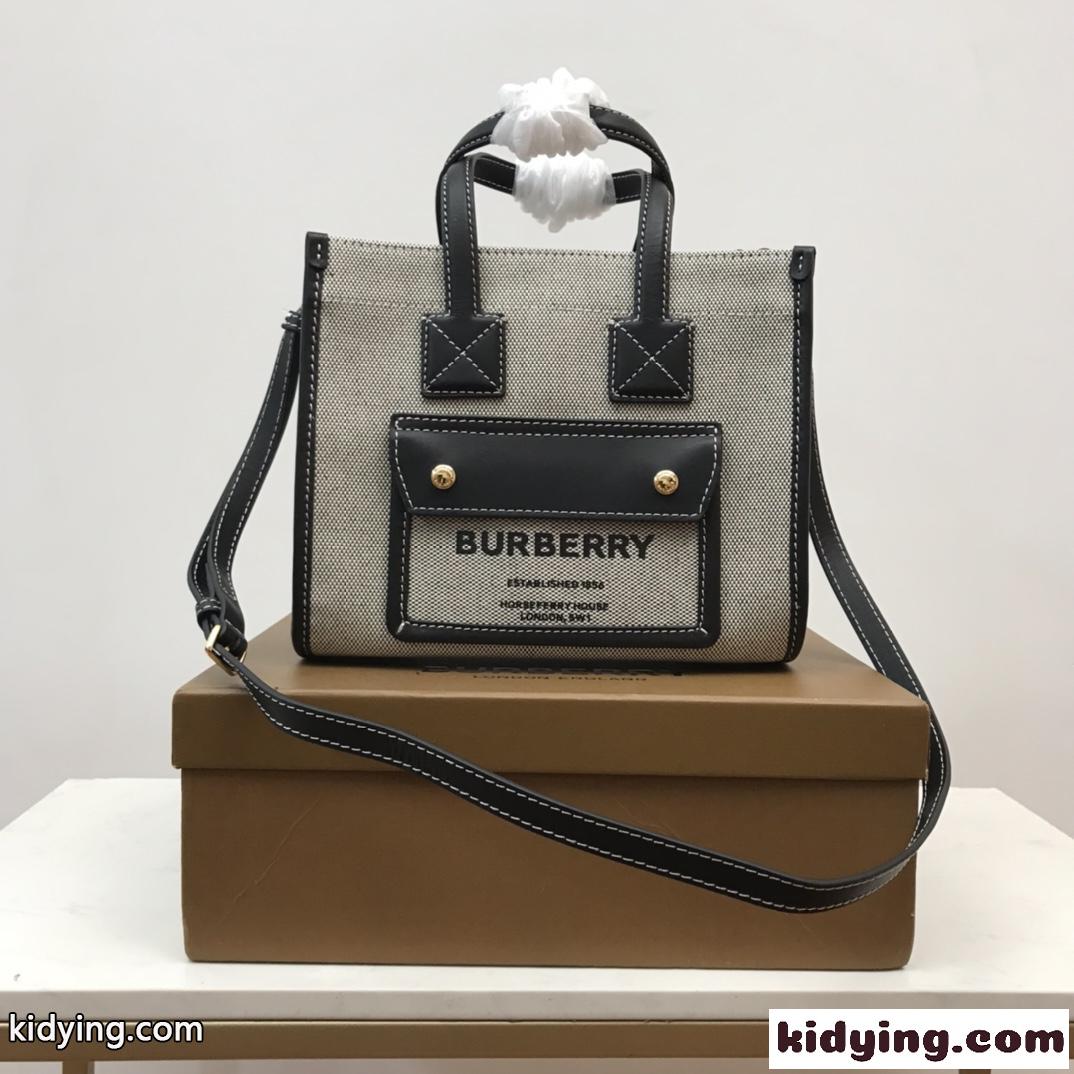 大人気 ミニ ツートン キャンバス＆レザー フレヤトート バーバリー バッグ コピー トートバッグ-1