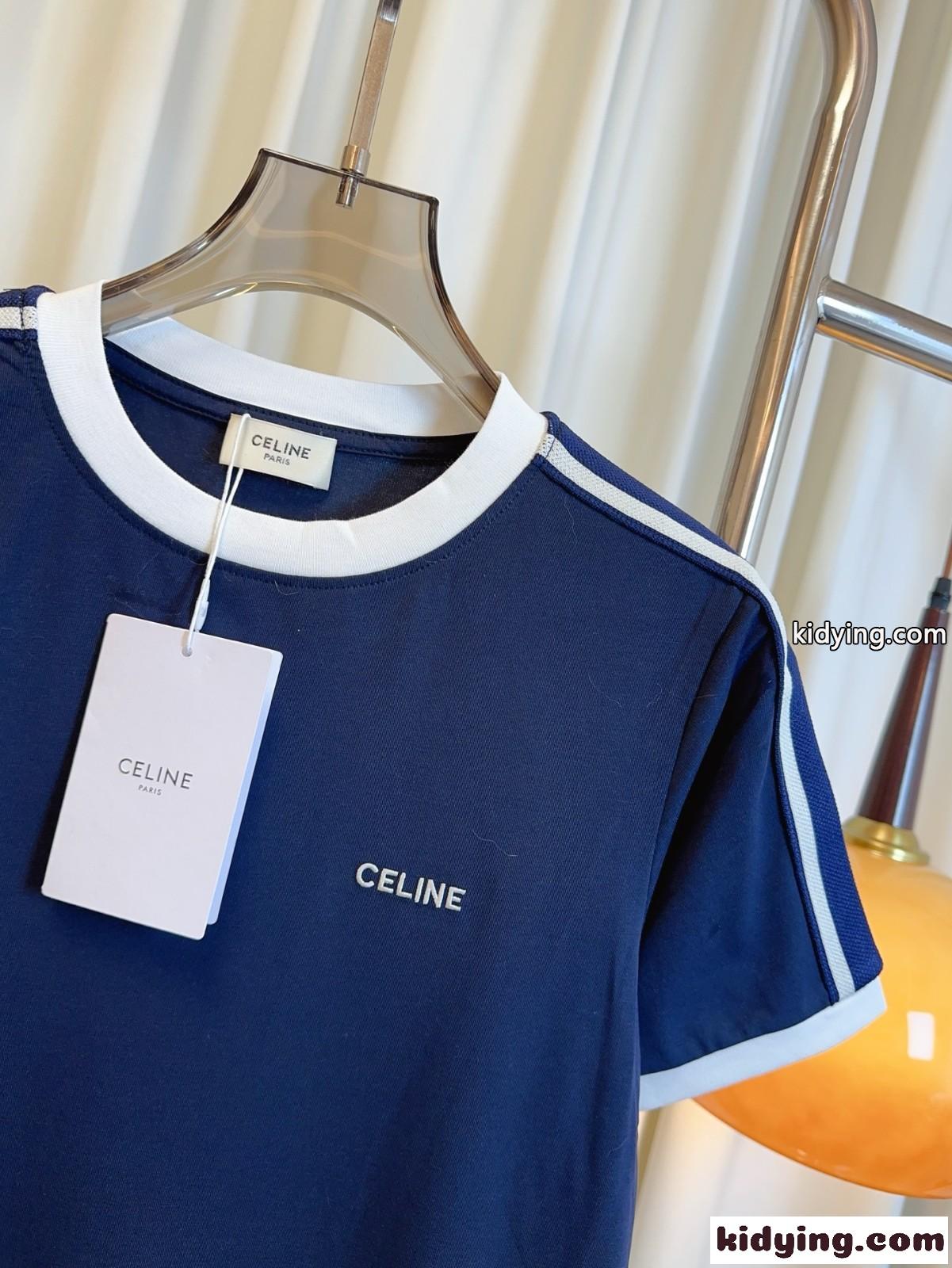 カジュアル セリーヌ Tシャツ コピー クルーネック コットン 半袖Tシャツ ブルー-4