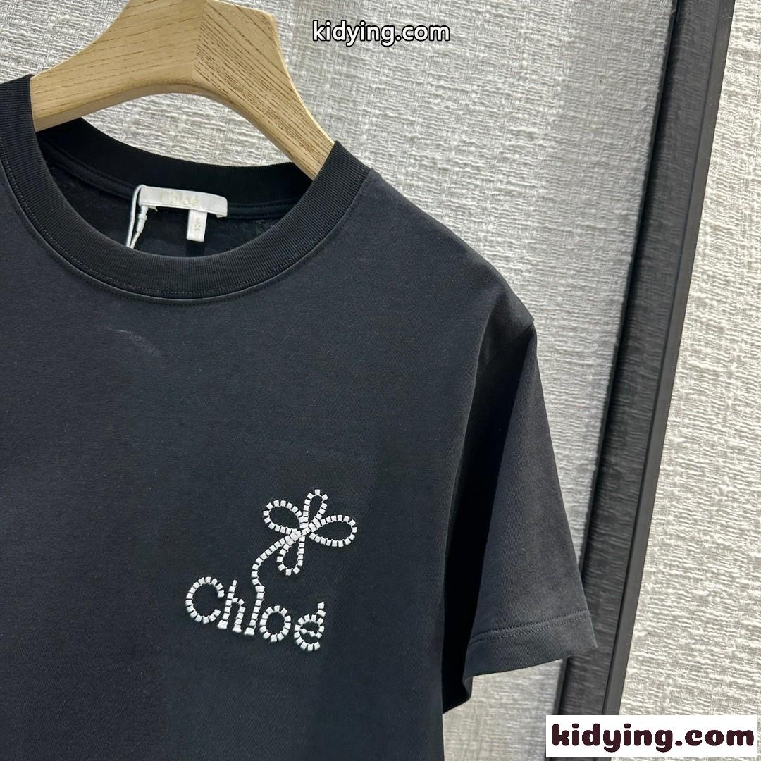 カジュアル 刺繍入り 半袖Tシャツ クロエ Tシャツ コピー ブラック-3