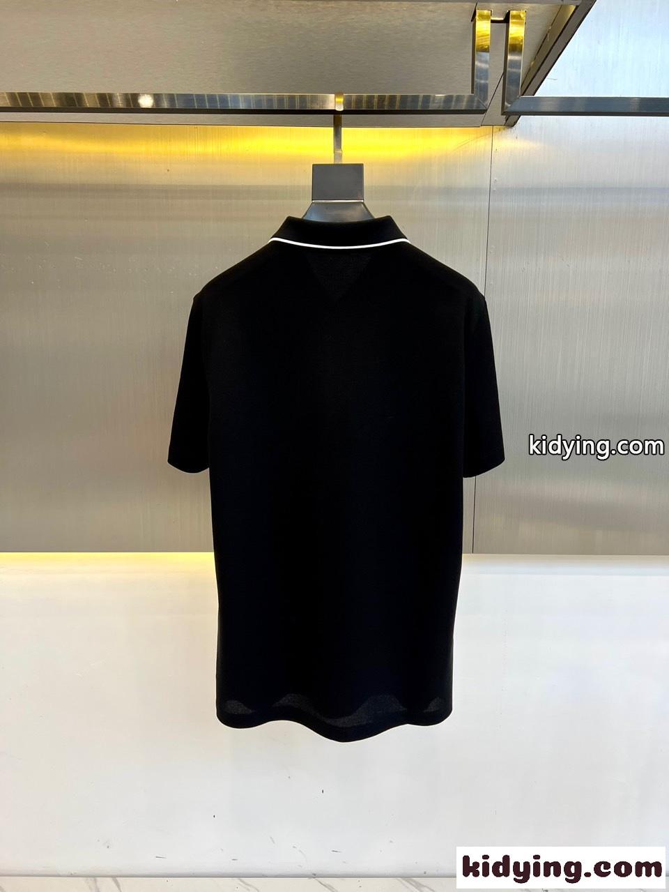 洗練された カジュアル 半袖 ポロシャツ プラダ Tシャツ 偽物 コットンピケ ブラック-3