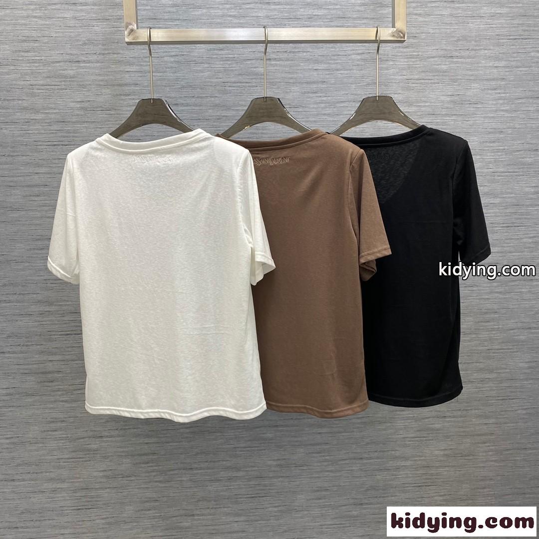 シンプル Vネックロゴ 刺繍 コットン 半袖Tシャツ イヴ・サンローラン Tシャツ コピー-3