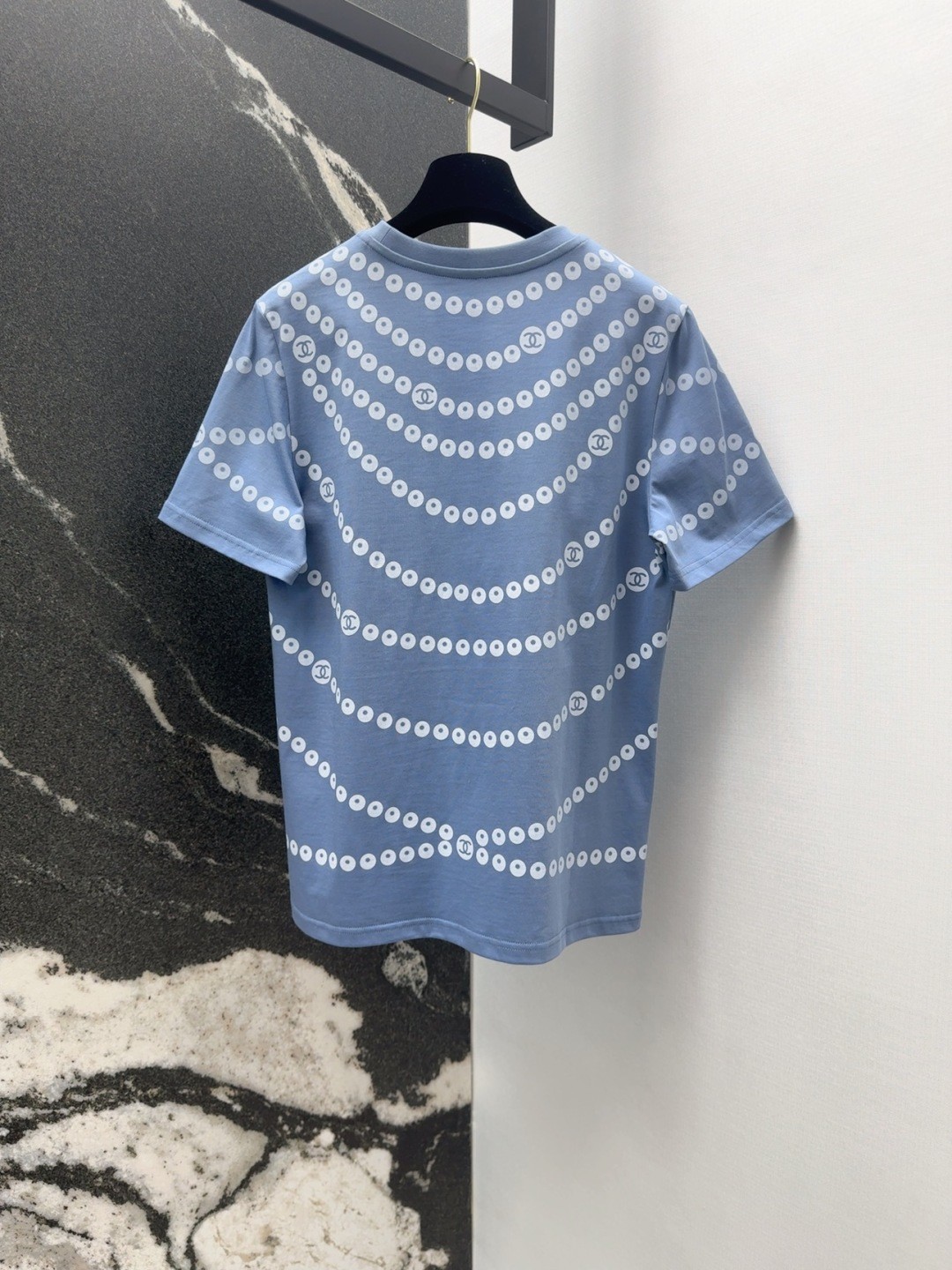 お洒落 パールプリント 半袖Tシャツ シャネル Tシャツ コピー コットン ブルー-4