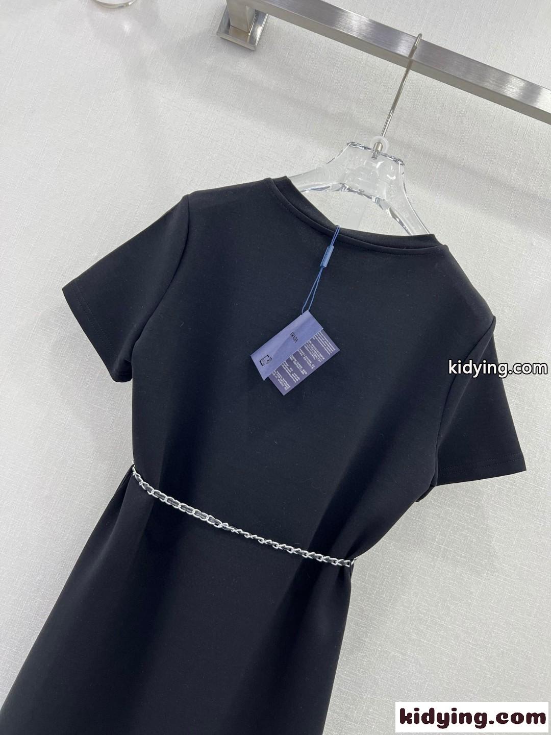 シンプル クルーネック 半袖 Tシャツワンピース プラダ ワンピース コピー レディース ブラック-4