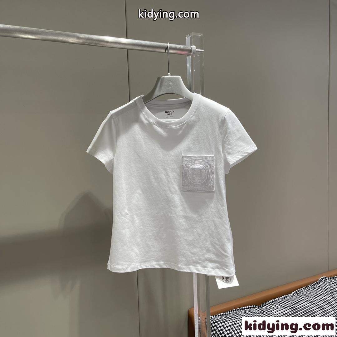 シンプル 刺繍入りポケット 半袖Tシャツ エルメス Tシャツ コピー コットン 快適-2