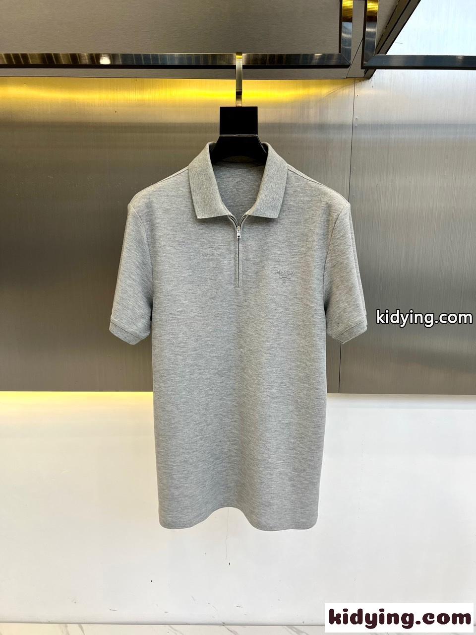 ハーフジップ 半袖 ポロシャツ プラダ Tシャツ コピー シルケットコットン グレー-0