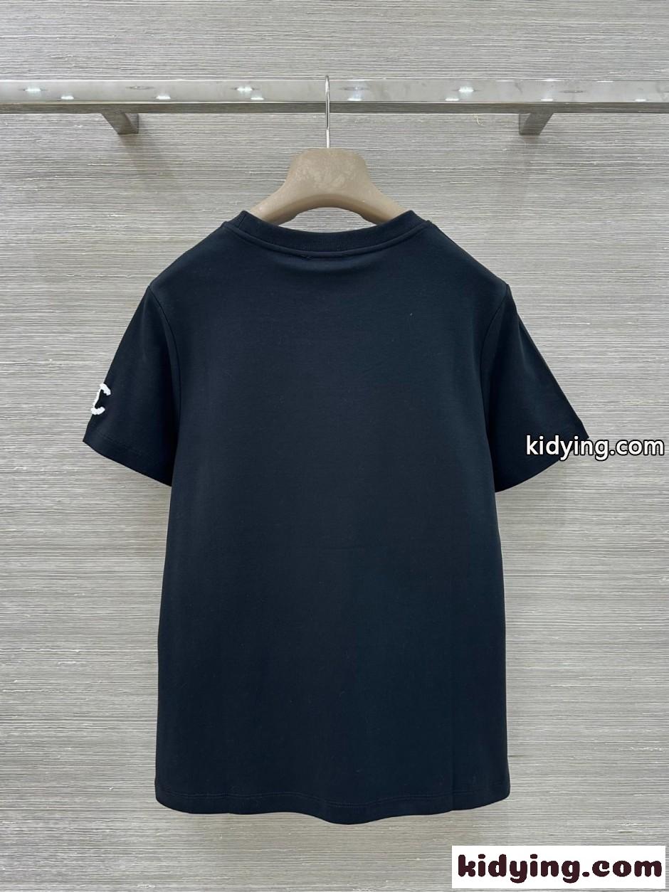 シンプル コットン 半袖Tシャツ シャネル Tシャツ コピー クルーネック ブラック-4