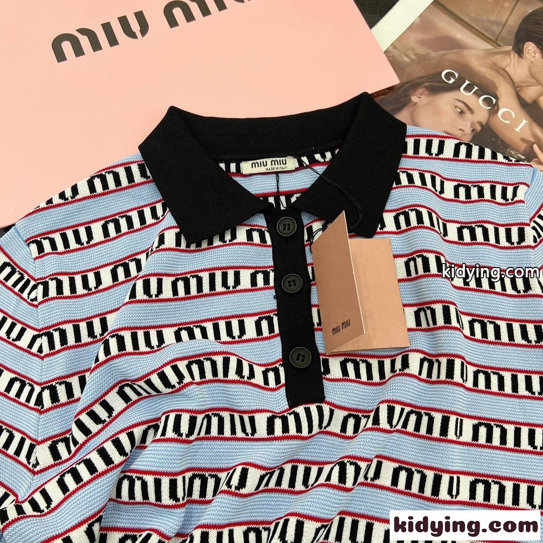 おしゃれ カジュアル ニット 柔らかい 着心地いい ロゴ ミュウミュウ 半袖tシャツ コピー ポロネック レディース 可愛い-4