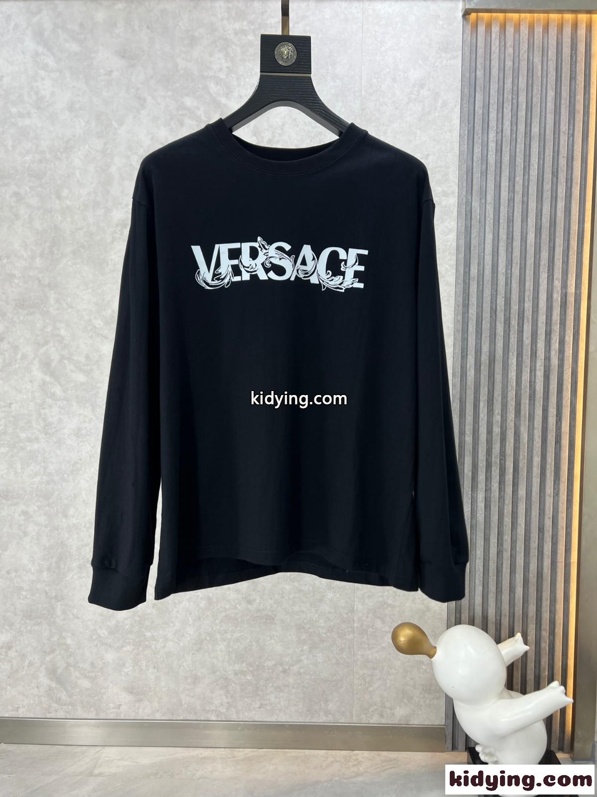 シンプル ロゴプリント クルーネック 長袖Tシャツ ヴェルサーチェ Tシャツ コピー ブラック-1