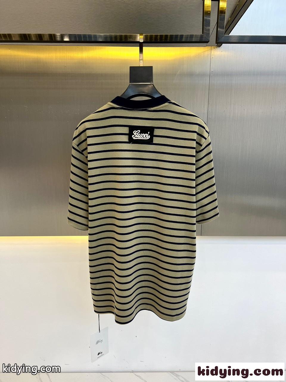 カジュアル お洒落 ボーダー柄 半袖Tシャツ グッチ Tシャツ コピー カーキ-4