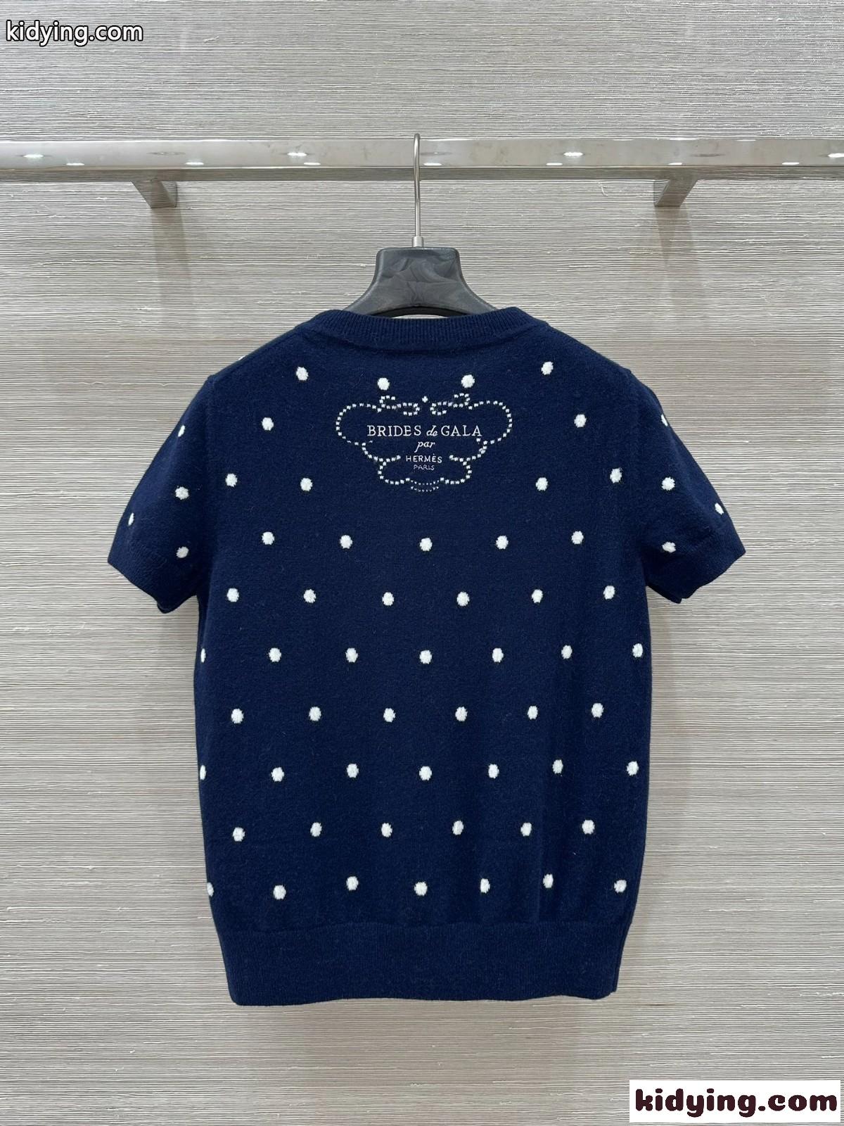 着心地抜群♪刺繍入り 半袖セーター エルメス ニットウェア コピー ネイビー-4