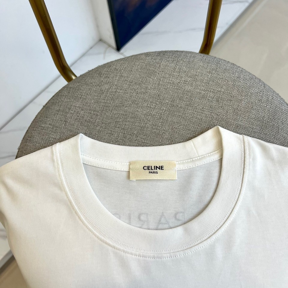 シンプル ロゴプリント 半袖Tシャツ セリーヌ Tシャツ 偽物 クルーネック ホワイト-2