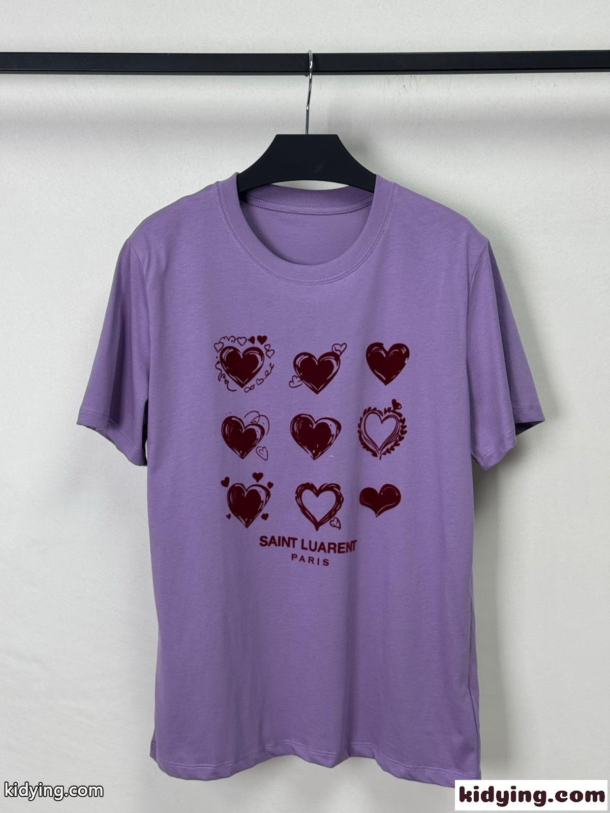 シンプル プリント コットン 半袖Tシャツ イヴ・サンローラン Tシャツ コピー パープル-1