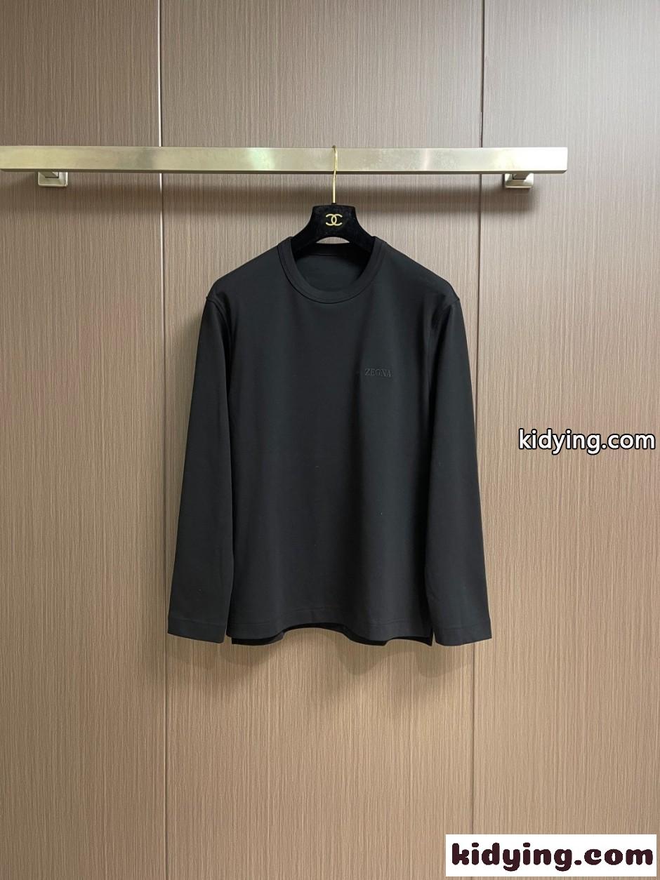 ロゴ刺繍 長袖Tシャツ ベーシック エルメネジルド・ゼニア Tシャツ 偽物 ブラック-0