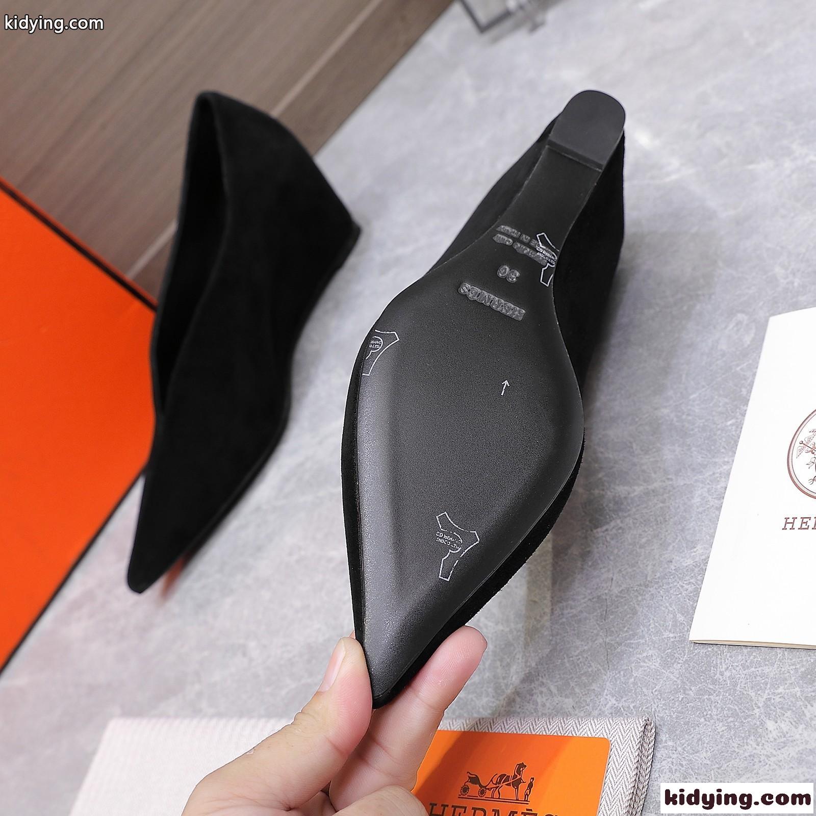 洗練された ウェッジヒール スエード パンプス エルメス スーパーコピー ブラック-3