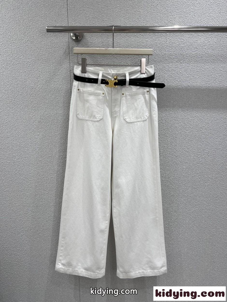 トリオンフベルト付き ワイドデニムパンツ セリーヌ ジーンズ 偽物 ホワイト-1