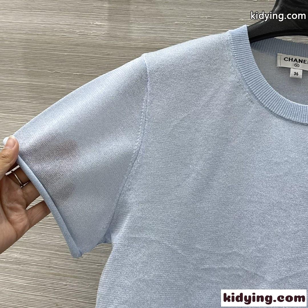 春夏 シンプル 半袖ニット トップス シャネル Tシャツ コピー ブルー-1