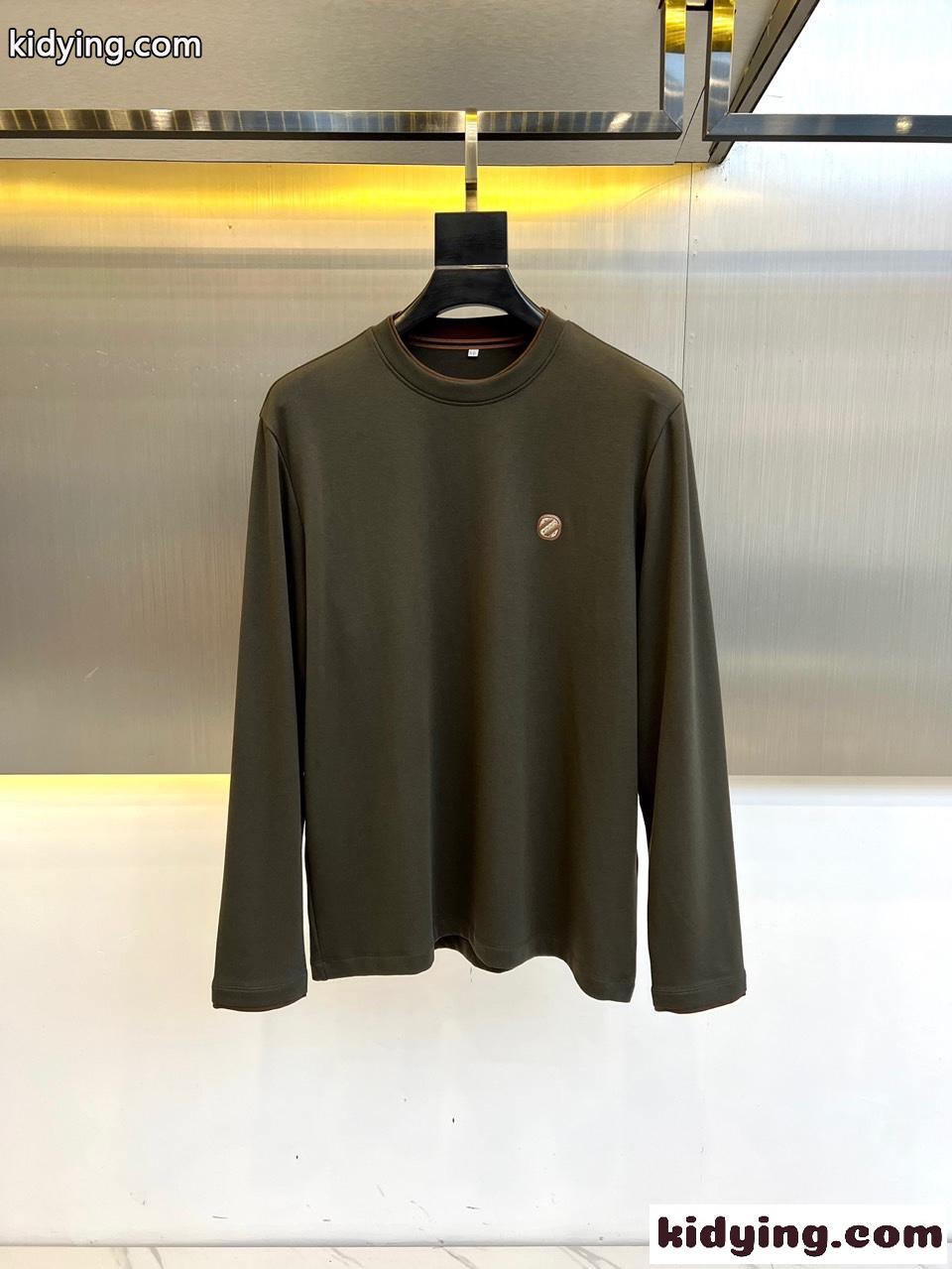 シンプル クルーネック 長袖Tシャツ エルメネジルド・ゼニア Tシャツ 偽物 グリーン-0