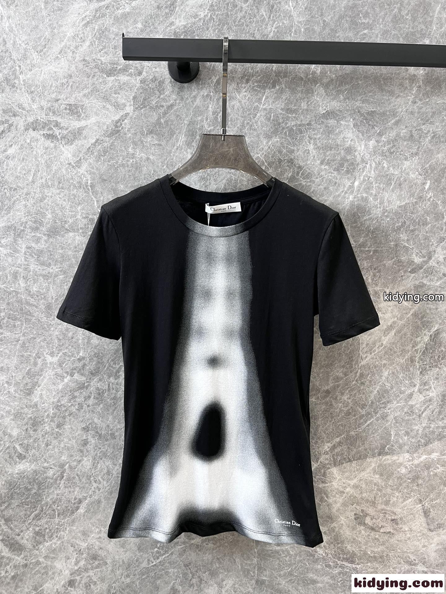 おしゃれ プリント コットン 半袖Tシャツ クリスチャン・ディオール Tシャツ コピー ブラック-0