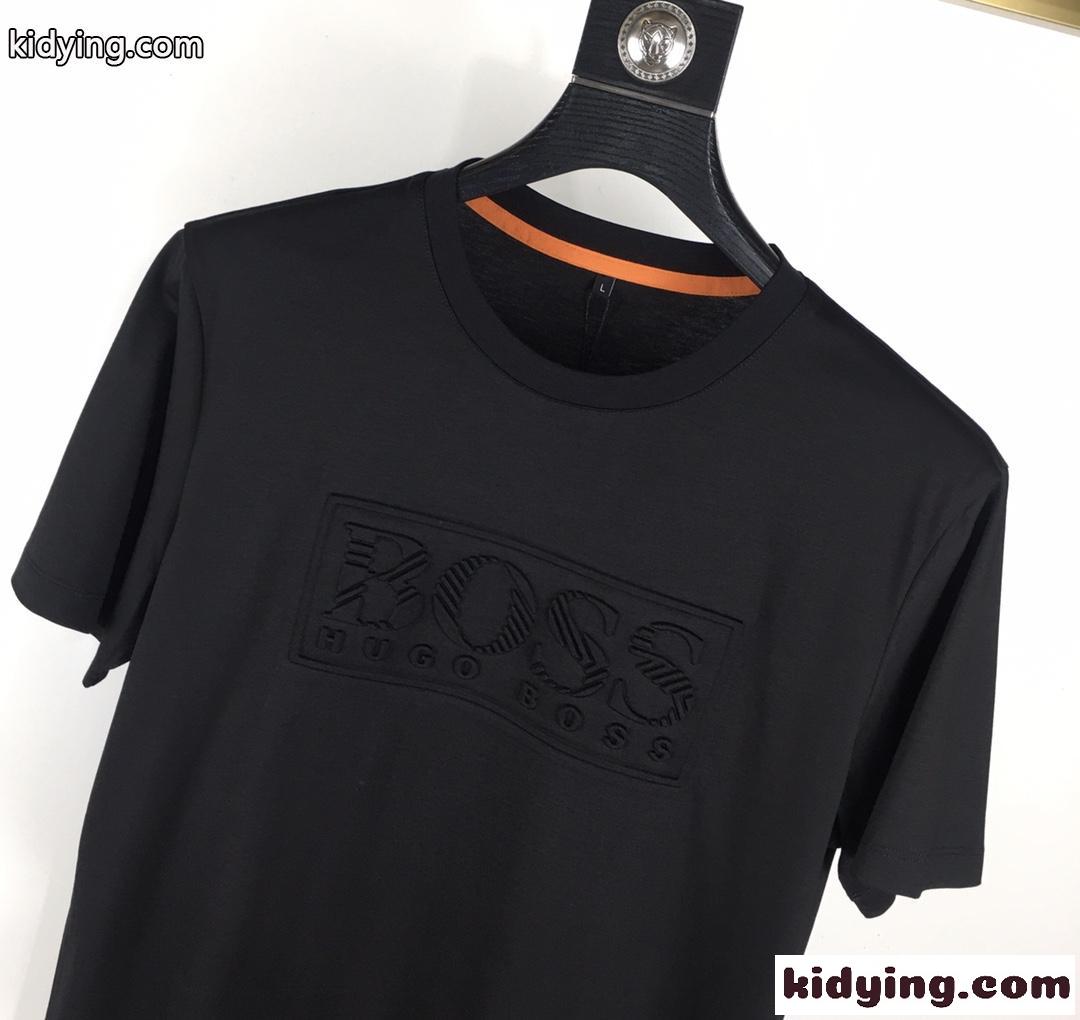 エンボスロゴ シルケットコットン 半袖Tシャツ ヒューゴ・ボス Tシャツ コピー ブラック-0