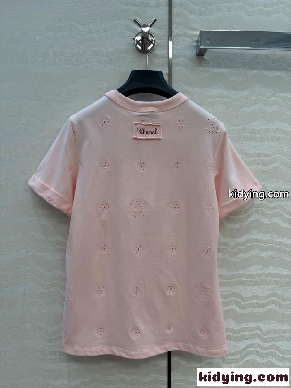 シンプル アイレット刺繍 コットンTシャツ シャネル Tシャツ コピー ピンク-3