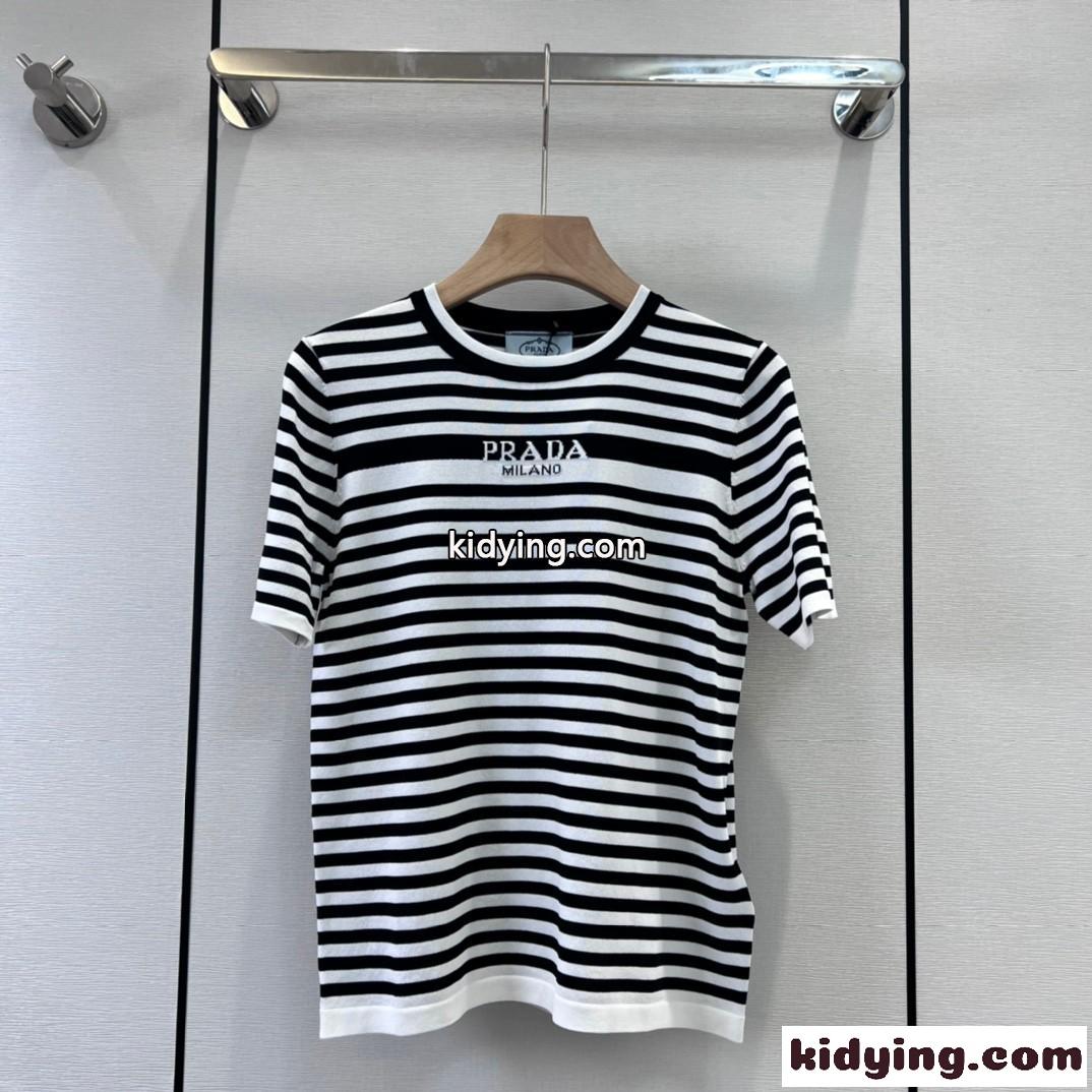 クラシック ボーダー柄 クルーネック 半袖Tシャツ プラダ Tシャツ コピー 合わせやすい-0