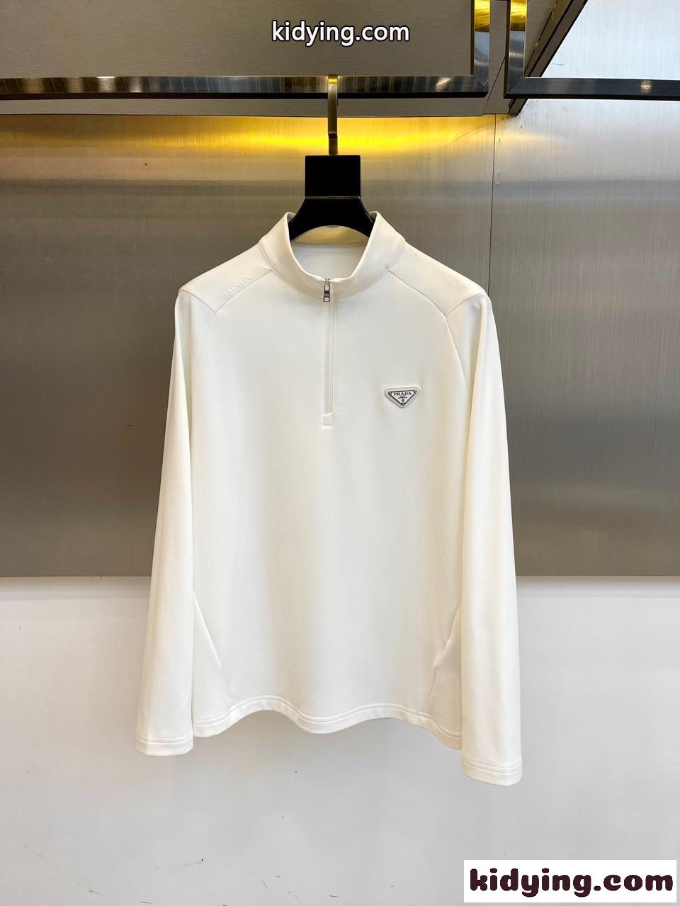 シンプル 洗練された ハーフジップ 長袖Tシャツ プラダ Tシャツ 偽物 ホワイト-0
