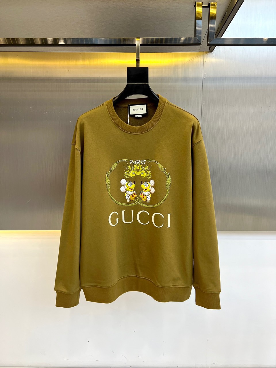 プリント コットン スウェットシャツ グッチ Tシャツ コピー クルーネック カーキ-0