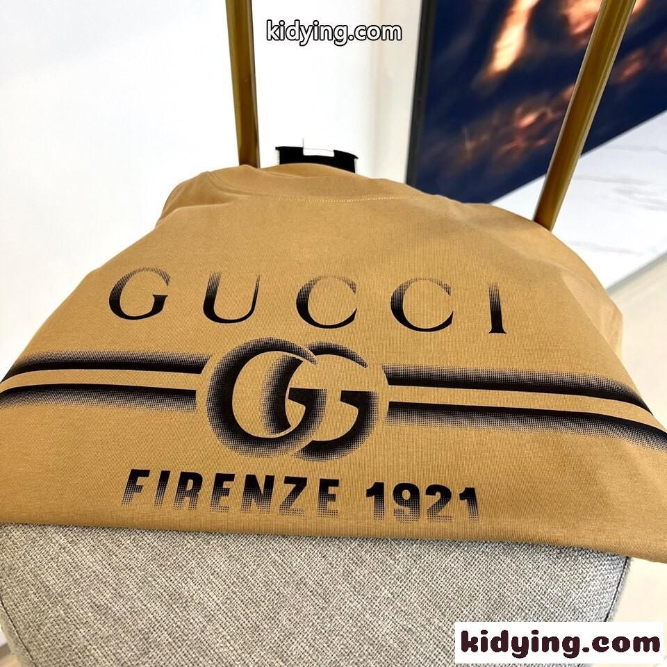 GUCCIプリント コットンジャージー Tシャツ グッチ 半袖Tシャツ コピー カーキ-0