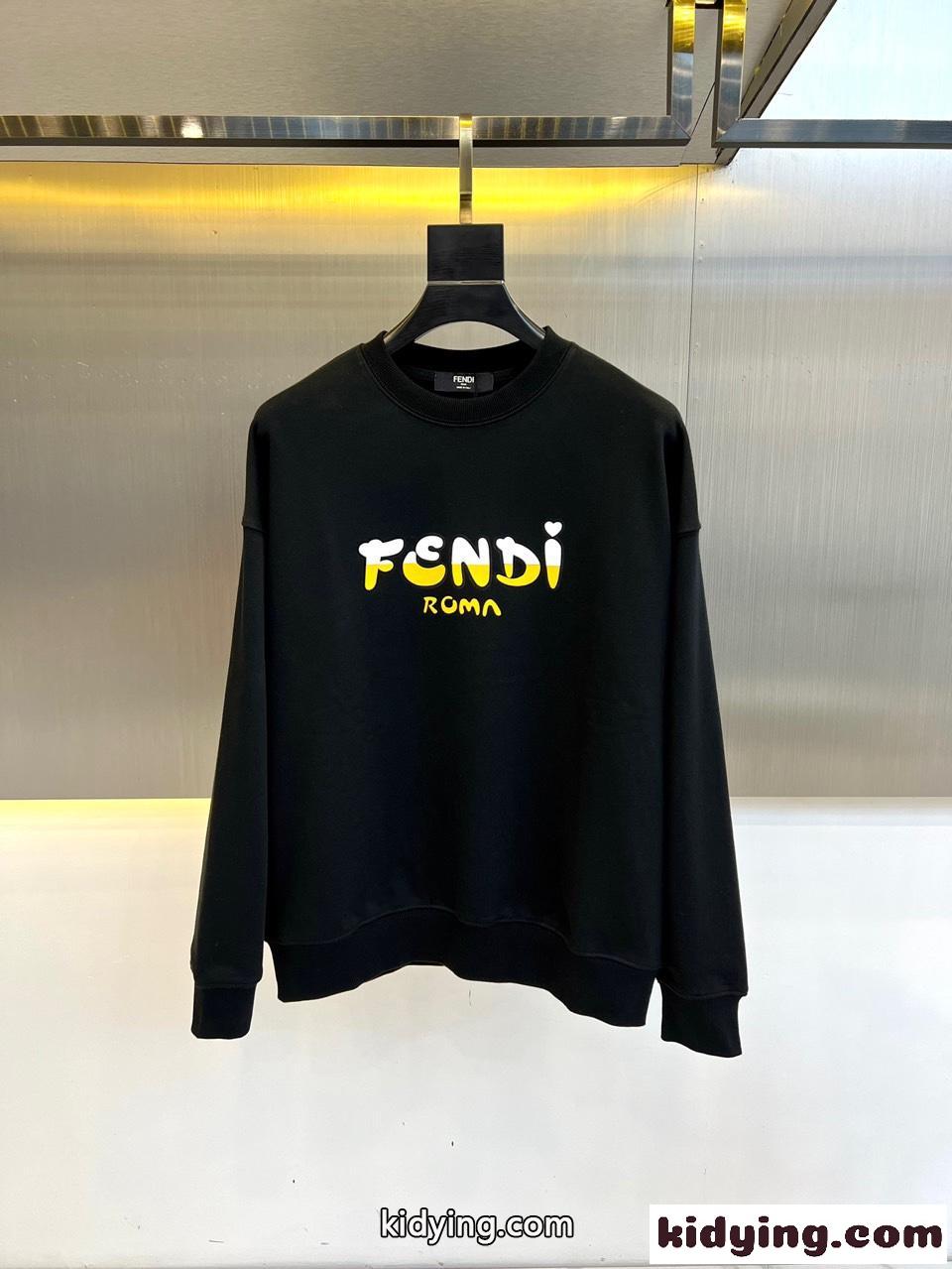 カジュアル フェンディ Tシャツ コピー ロゴ入り クルーネック スウェットシャツ ブラック-1