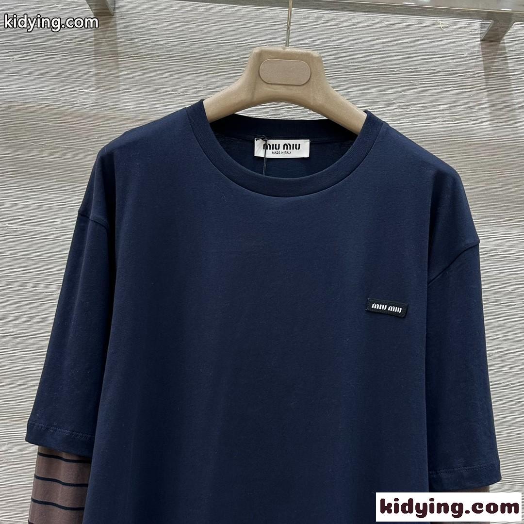 お洒落 カジュアル レイヤード風 長袖Tシャツ ミュウミュウ Tシャツ コピー-1