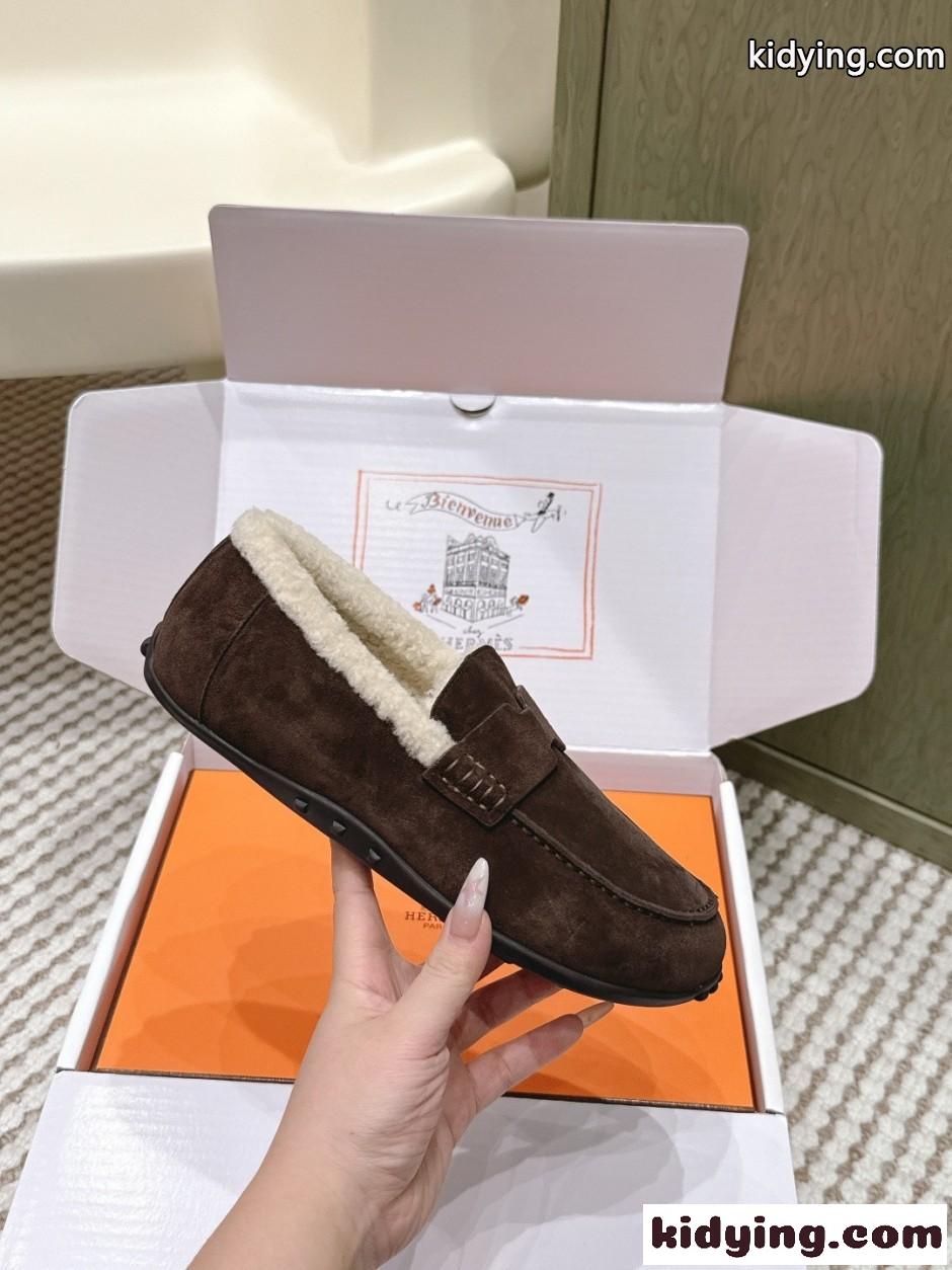 シンプル もこもこ スエードローファー エルメス シューズ コピー ダークブラウン-1