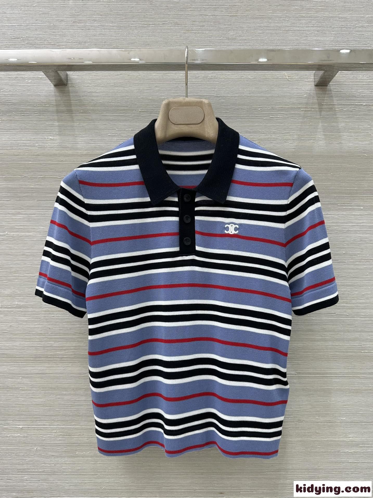 コットン クロップドポロシャツ セリーヌ Tシャツ コピー 半袖 ストライプ-2