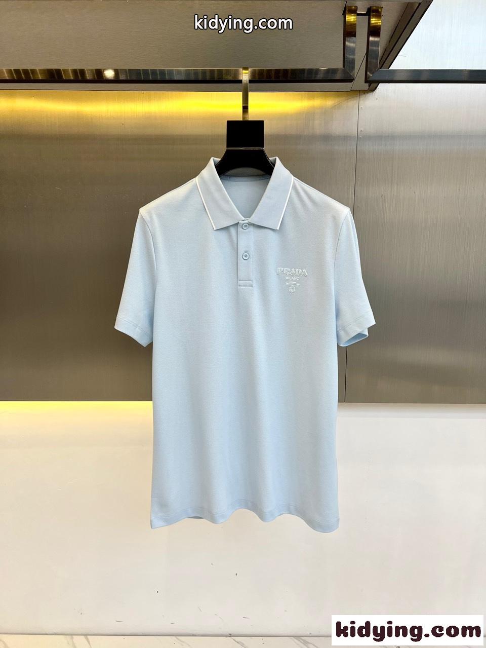 洗練された カジュアル 半袖 ポロシャツ プラダ Tシャツ 偽物 コットンピケ ライトブルー-0