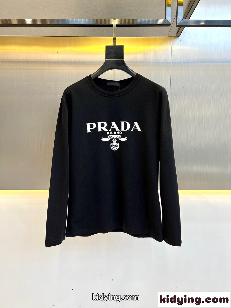シンプル ロゴ 合わせやすい クルーネック 長袖Tシャツ プラダ Tシャツ コピー ブラック-0